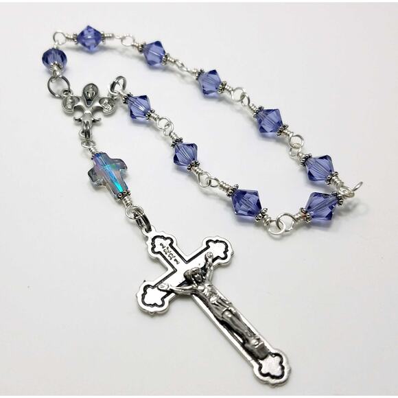 Handmade Purple Swarovski One Decade Rosary Fleur-de-Lis Center Unbreakable - Picture 8 of 10